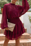 Fashion Casual Solid Flounce Fold Half A Turtleneck Waist Skirt Dresses（4 colors）