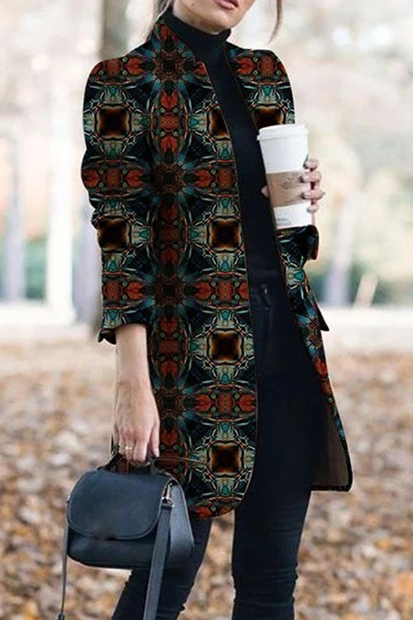 Casual Print Patchwork Buttons Turn-back Collar Outerwear(10 Colors)