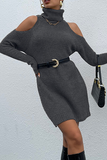Casual Elegant Solid Hollowed Out Patchwork Turtleneck Dresses Sweater (Without Belt)