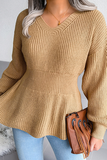 Casual Solid Patchwork Flounce V Neck Sweaters(3 Colors)