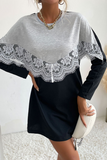 Street Patchwork Lace  Contrast O Neck Dresses