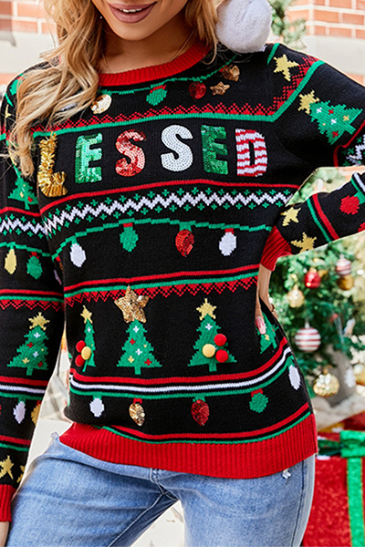 Casual Letter Christmas Tree Printed Sequins Patchwork O Neck Tops