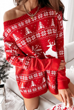 Casual Wapiti Snowflakes Christmas Tree Printed Patchwork Contrast O Neck Dresses Sweater