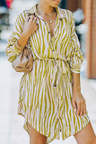 Fashion Casual Striped Buckle With Belt Turndown Collar Shirt Dress Dresses（7 colors）