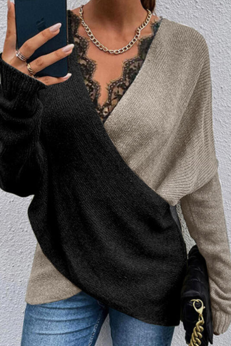 Casual Patchwork Lace Contrast V Neck Tops