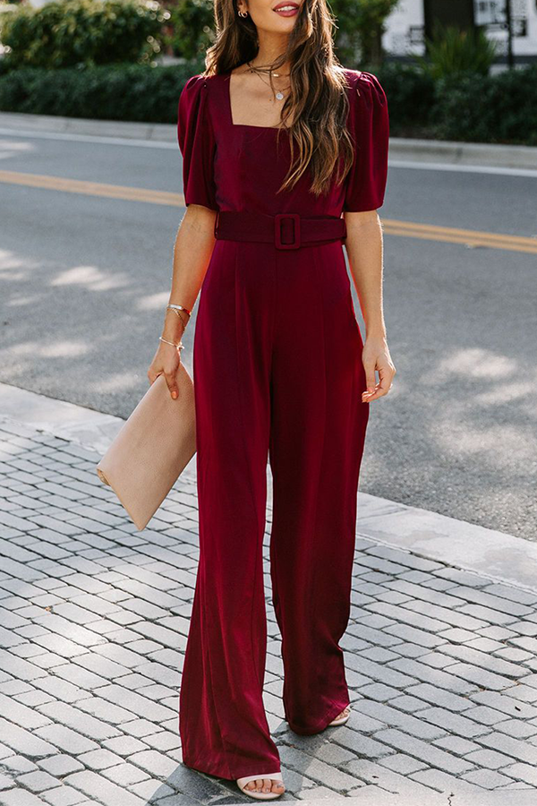 Fashion Elegant Solid Fold With Belt Square Collar Jumpsuits