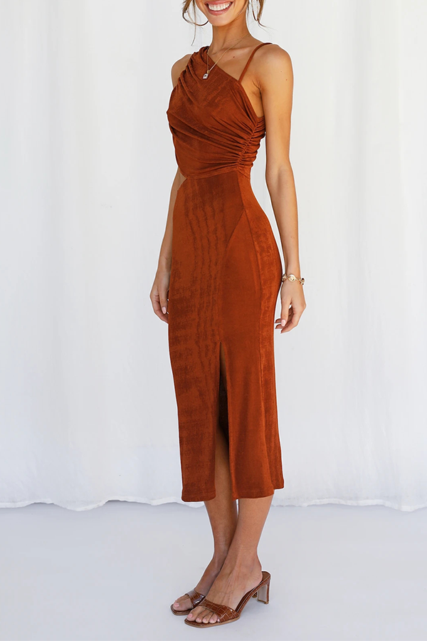 Fashion Elegant Solid Hollowed Out Slit Oblique Collar Pencil Skirt Dresses(5 Colors)