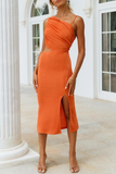 Fashion Elegant Solid Hollowed Out Slit Oblique Collar Pencil Skirt Dresses(5 Colors)
