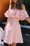 Fashion Sweet Plaid Split Joint Flounce Off the Shoulder A Line Dresses