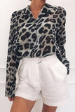 Fashion Casual Leopard Buckle Turndown Collar Blouses(4 Colors)