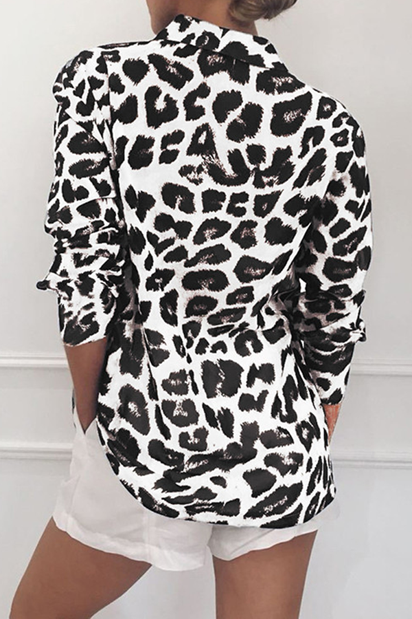 Fashion Casual Leopard Buckle Turndown Collar Blouses(4 Colors)