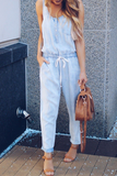 Casual Street Solid Frenulum Buckle U Neck Jumpsuits