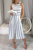 Casual Striped Hollowed Out Pocket Capris O Neck Jumpsuits