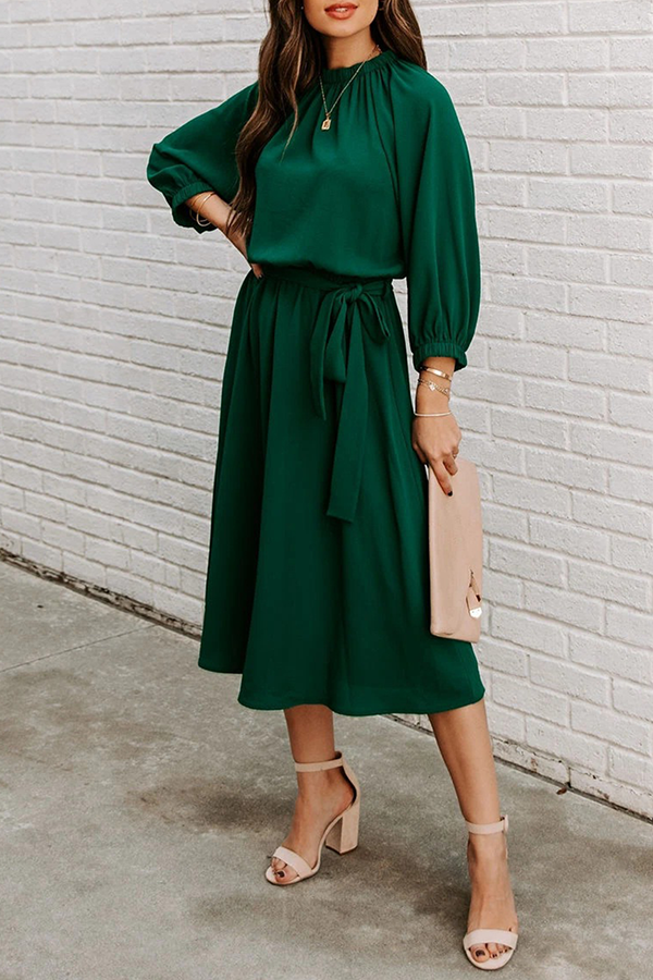Casual Solid Patchwork With Belt O Neck Waist Skirt Dresses