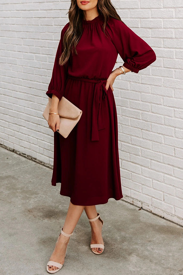 Casual Solid Patchwork With Belt O Neck Waist Skirt Dresses