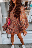 Casual Print Split Joint O Neck Cake Skirt Dresses