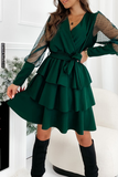 Casual Solid Mesh V Neck Cake Skirt Dresses(3 Colors)