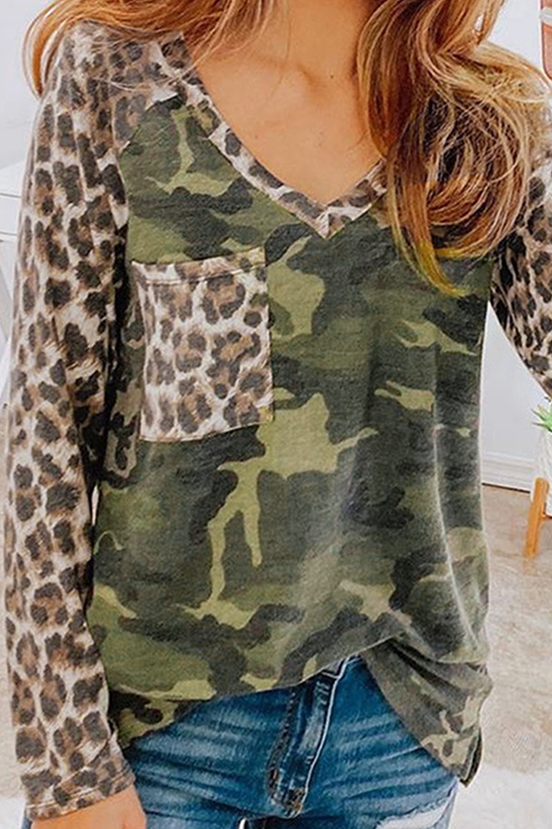 Casual Leopard Camouflage Print Patchwork Pocket V Neck Tops