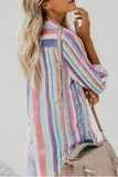 Fashion Striped Patchwork Turndown Collar Blouses