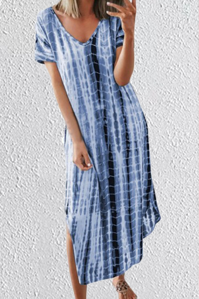 Casual Print Patchwork V Neck Straight Dresses(5 Colors)