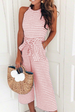 Casual Striped Patchwork O Neck Loose Jumpsuits(5 Colors)