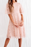 Casual Solid Lace O Neck Cake Skirt Dresses