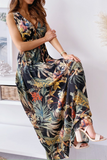 Casual Print Patchwork V Neck Waist Skirt Dresses(4 Colors)