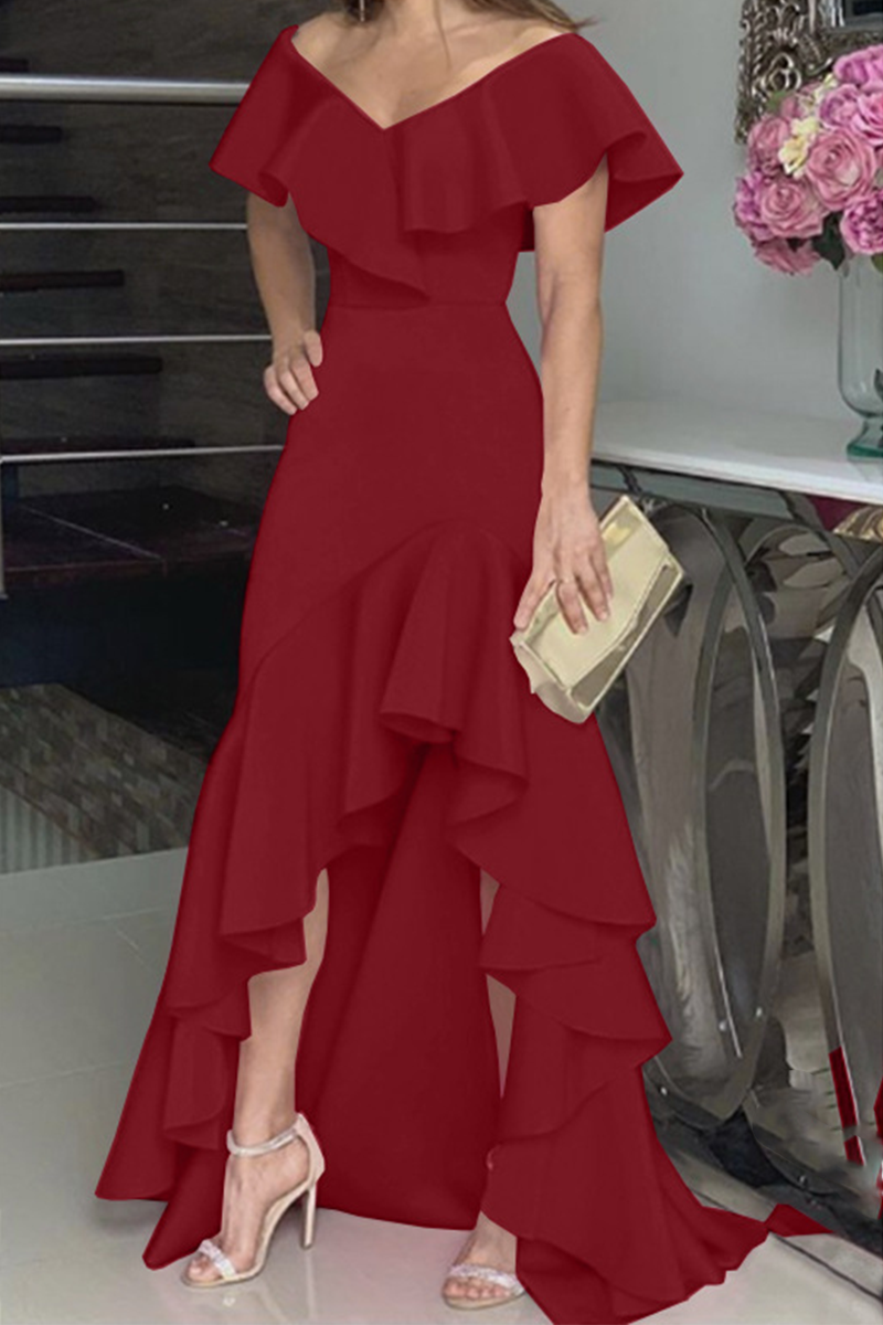 Fashion Solid Flounce Off the Shoulder Irregular Dress Dresses(5 colors)