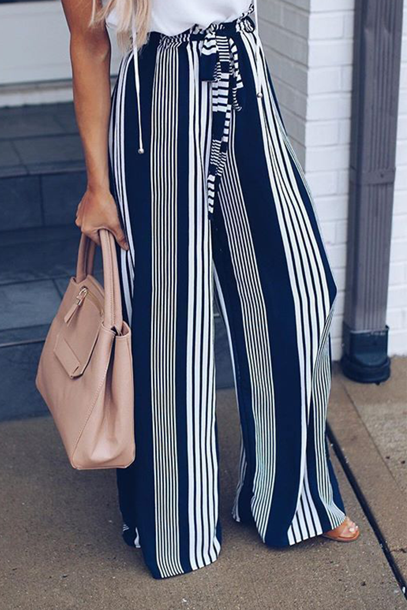 Casual Striped Patchwork Straight Mid Waist Wide Leg Full Print Bottoms