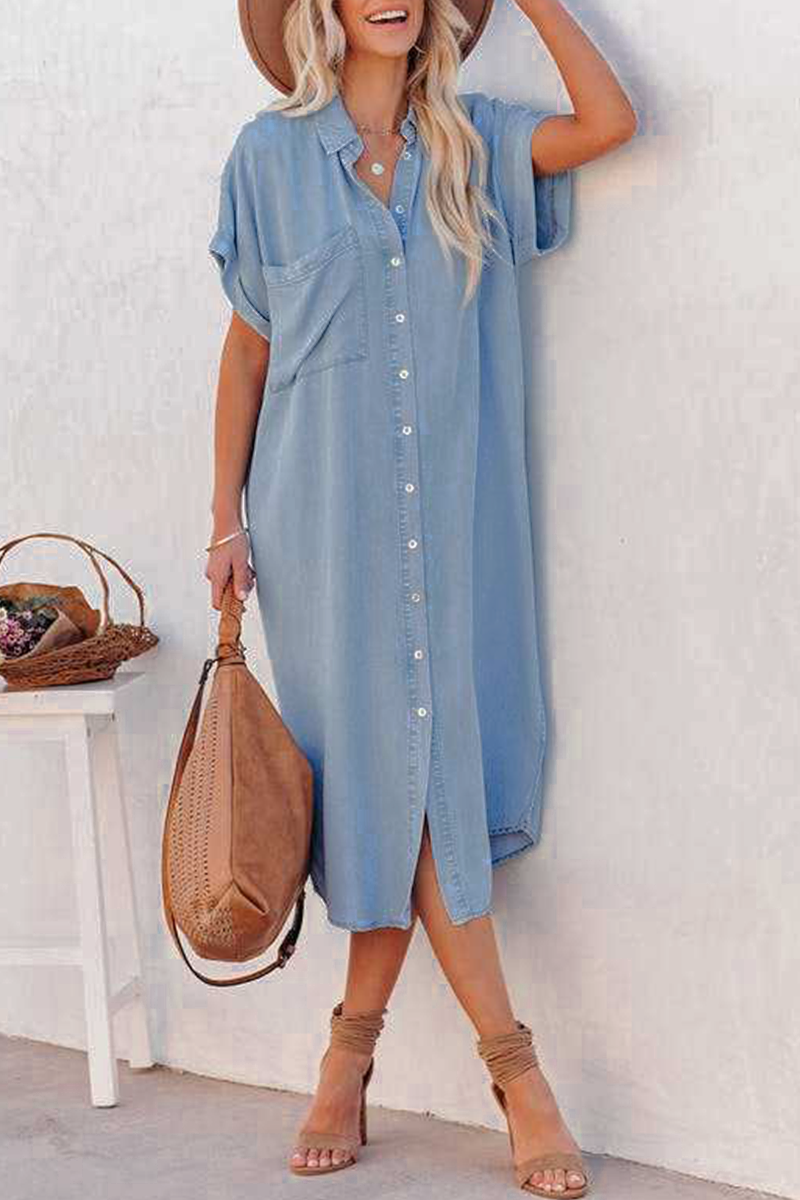 Casual Solid Patchwork Turndown Collar Straight Dresses