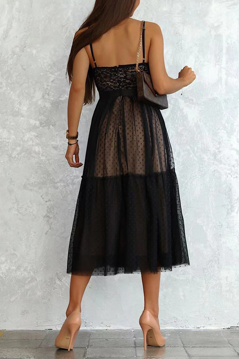 Casual Patchwork Lace Spaghetti Strap Cake Skirt Dresses
