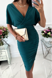 Fashion Solid Split Joint V Neck Waist Skirt Dresses(5 colors)