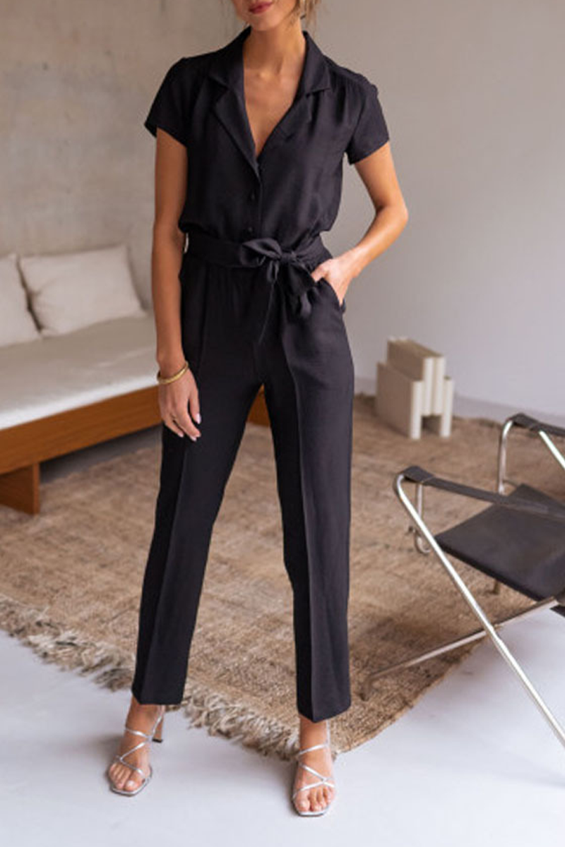 Casual Solid Patchwork Turndown Collar Regular Jumpsuits
