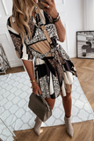 Fashion Print Split Joint Turndown Collar Cake Skirt Dresses(3 colors)