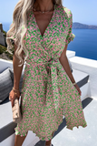 Casual Print Patchwork V Neck Waist Skirt Dresses(3 colors)