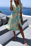Casual Print Patchwork V Neck Waist Skirt Dresses(3 colors)