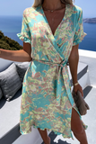 Casual Print Patchwork V Neck Waist Skirt Dresses(3 colors)
