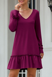 Casual Solid Flounce V Neck Straight Dresses(3 colors)