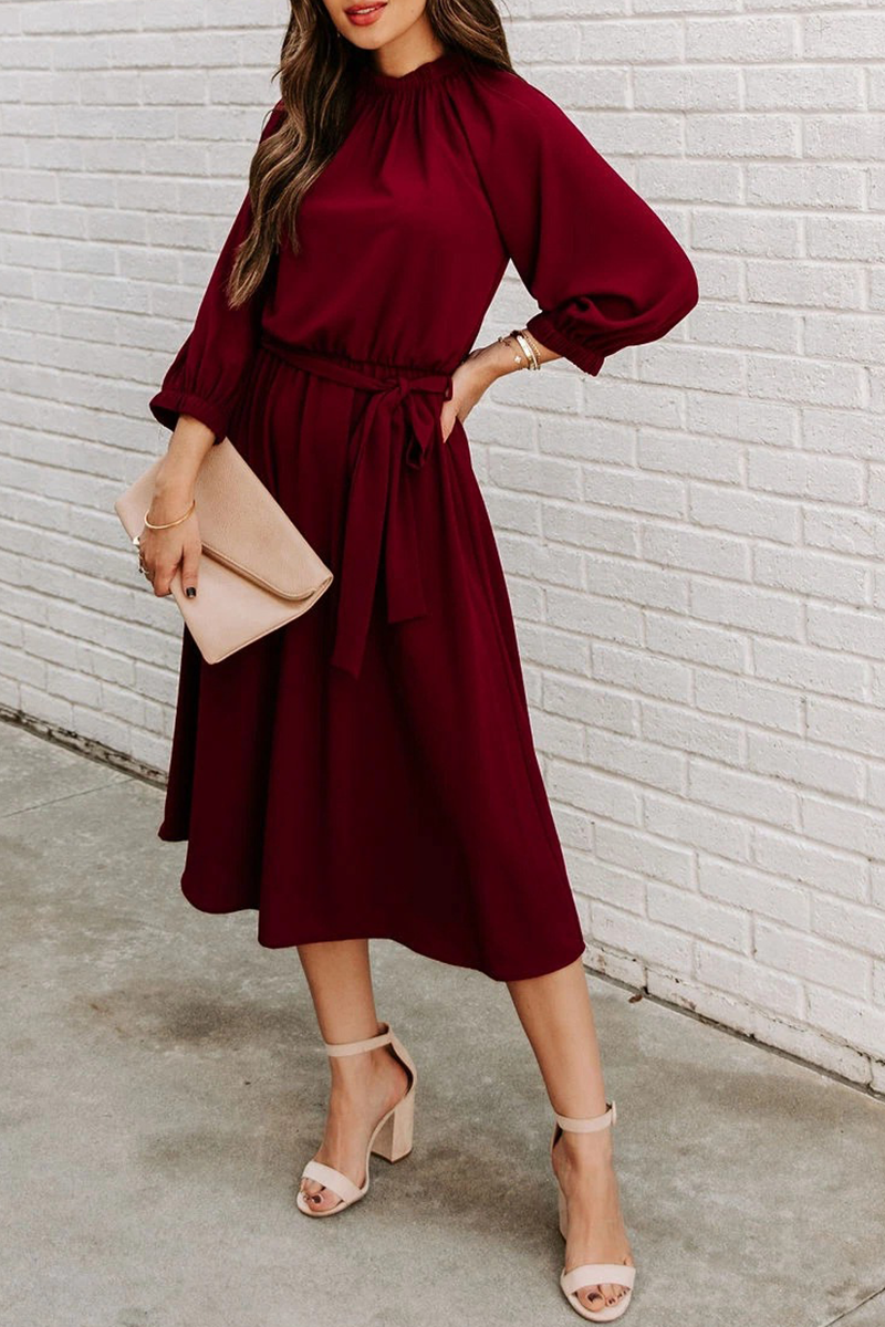 Casual Solid Patchwork O Neck Waist Skirt Dresses