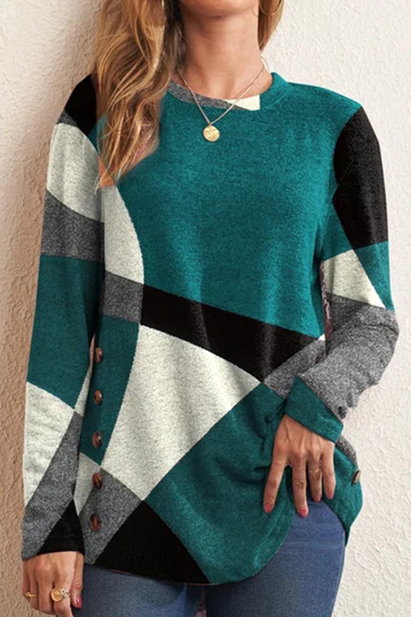 Casual Print Patchwork O Neck Tops(5 colors)