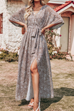 Casual Print Patchwork V Neck Waist Skirt Dresses(7 Colors)