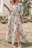Casual Print Patchwork V Neck Waist Skirt Dresses(7 Colors)