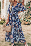 Casual Print Patchwork V Neck Waist Skirt Dresses(7 Colors)