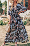 Casual Print Patchwork V Neck Waist Skirt Dresses(7 Colors)
