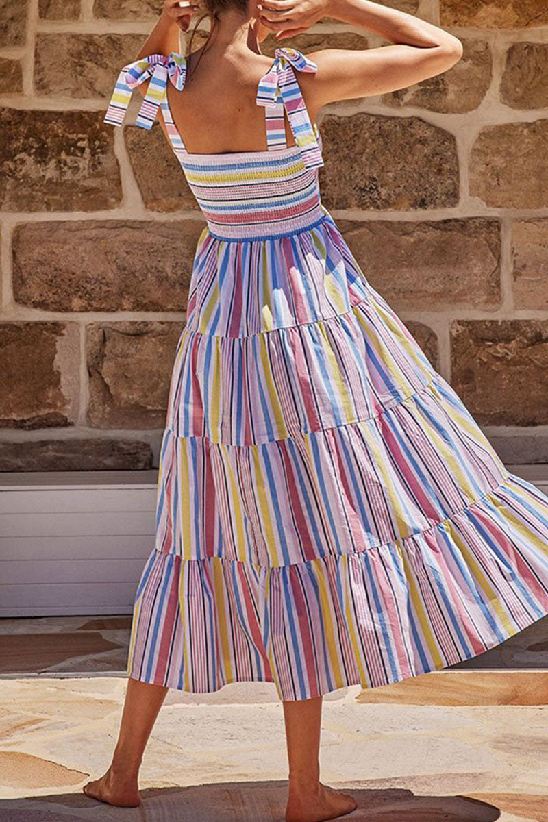 Casual Striped Print Bandage Patchwork Spaghetti Strap Sling Dress Dresses