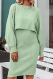 Casual Solid Patchwork O Neck Long Sleeve Two Pieces(3 colors)