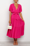 Casual Solid Patchwork V Neck Cake Skirt Dresses