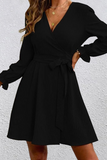 Casual Solid Patchwork V Neck Waist Skirt Dresses(4 colors)