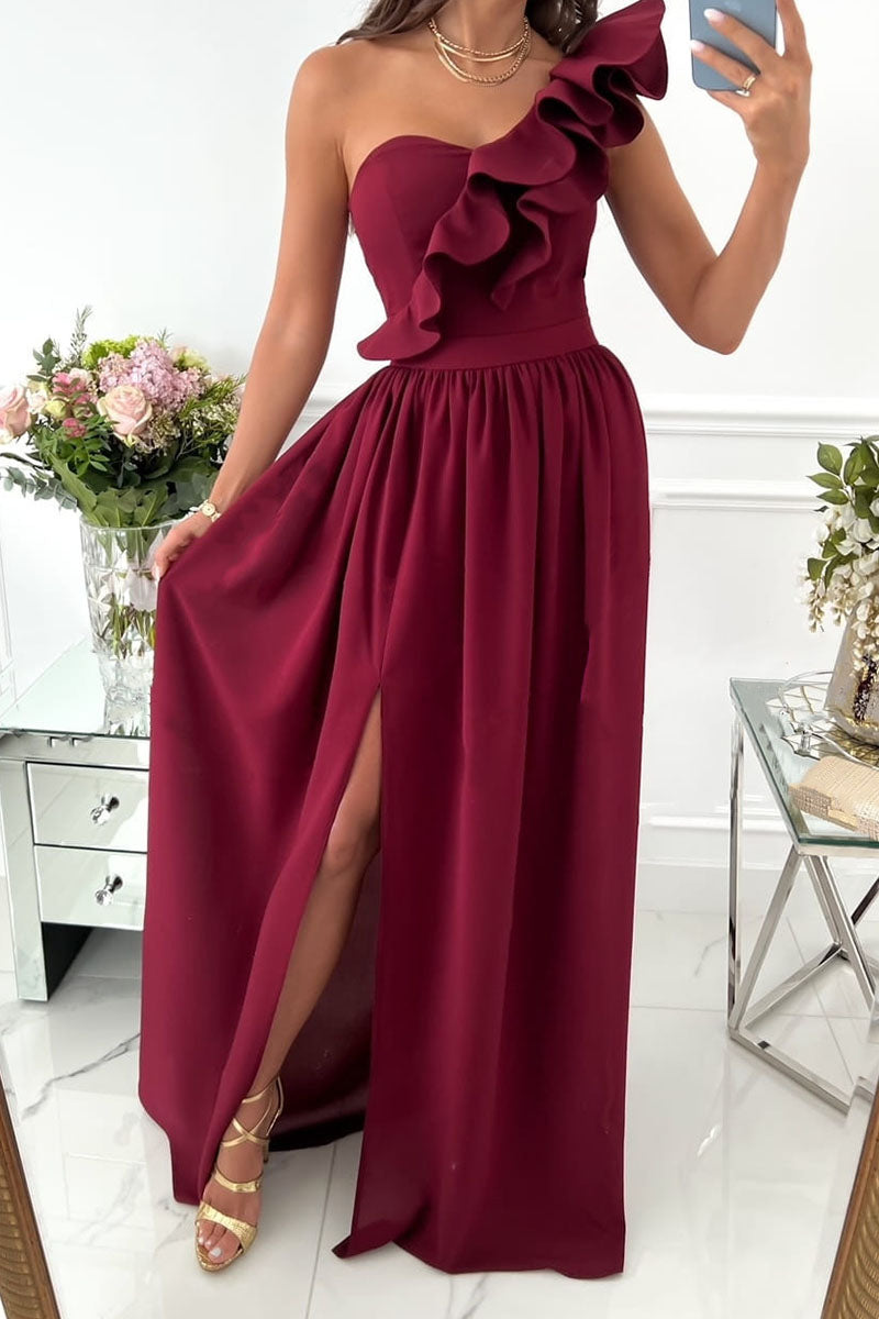 Sexy Elegant Print Patchwork Flounce Oblique Collar Dresses(6 Colors)