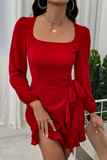 Fashion Solid Flounce Square Collar Cake Skirt Dresses
